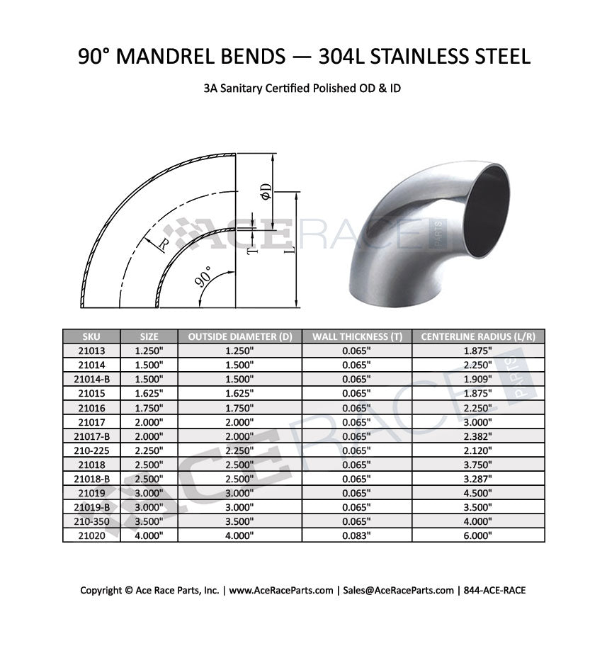1.500" 16ga Tight Radius 90° Mandrel Bend- (1.909" CLR) - Brushed Finish - 304 Stainless