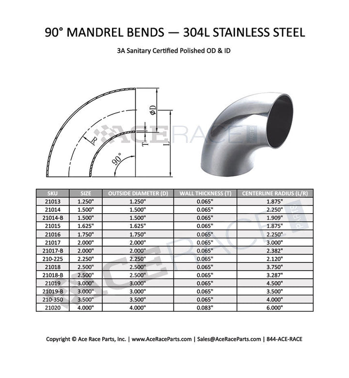 1.500" 16ga Tight Radius 90° Mandrel Bend- (1.909" CLR) - Brushed Finish - 304 Stainless