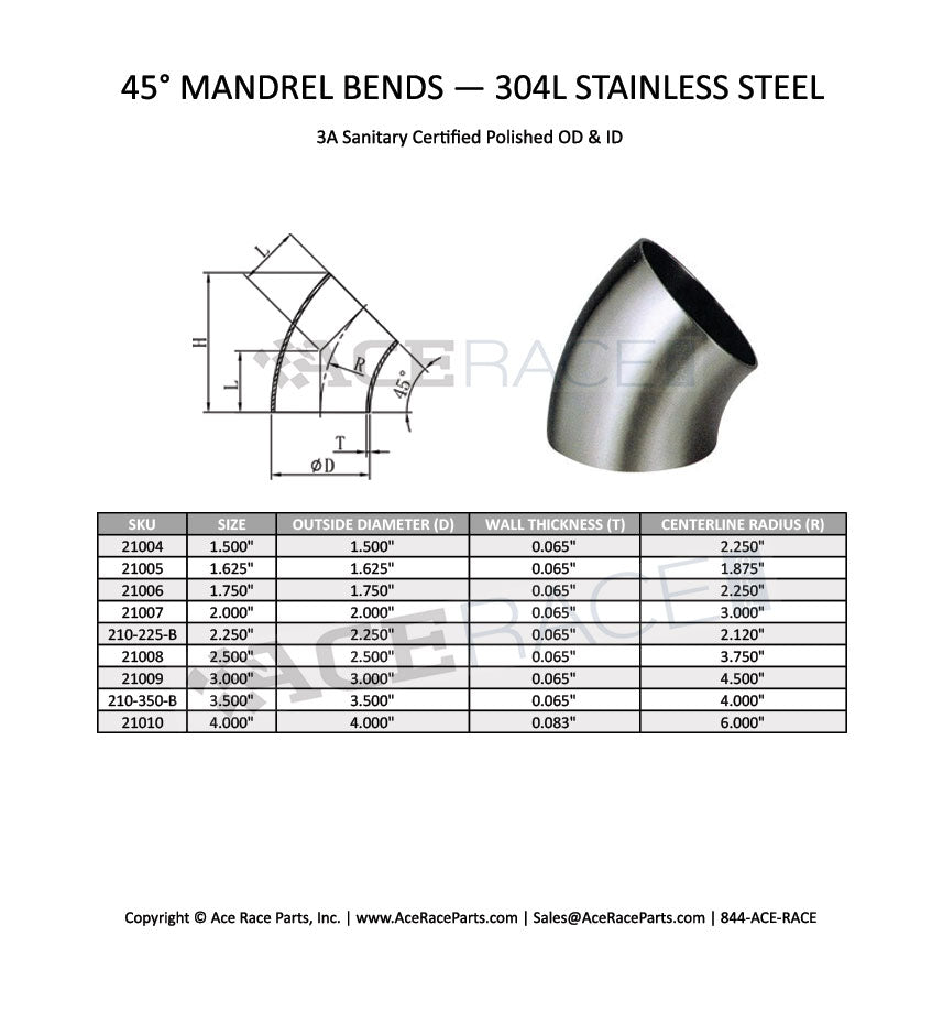 2.500" 16ga 45° Mandrel Bend - (3.750" CLR) - Brushed Finish - 304 Stainless